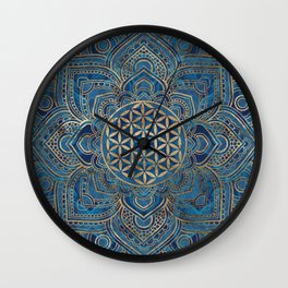 Flower of Life in Lotus Mandala - Blue Marble and Gold Wall Clock