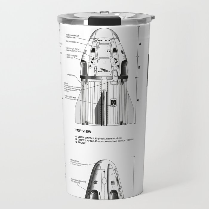 NASA SpaceX Crew Dragon Spacecraft & Falcon 9 Rocket Blueprint in High Resolution (white) Travel Mug
