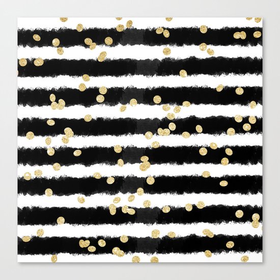 Modern black watercolor stripes chic gold confetti Canvas Print