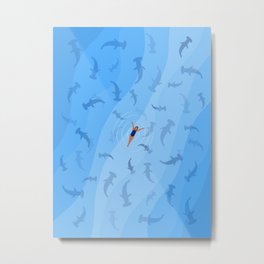 Shark Beach Swimmer | Aerial Illustration Metal Print