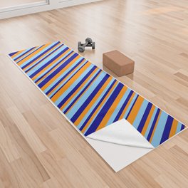 [ Thumbnail: Dark Orange, Dark Blue & Light Sky Blue Colored Lines/Stripes Pattern Yoga Towel ]