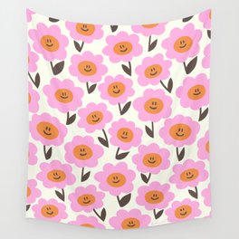 Cute Happy Daisy Pattern Pink and Orange Wall Tapestry
