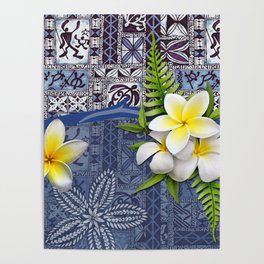 Blue Hawaiian Tapa and Plumeria Poster
