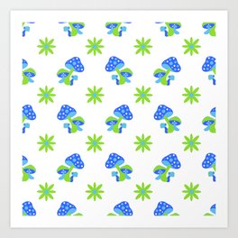 Groovy Blue Mushrooms Pattern Art Print