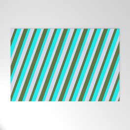 [ Thumbnail: Lavender, Dark Olive Green, and Cyan Colored Lines Pattern Welcome Mat ]