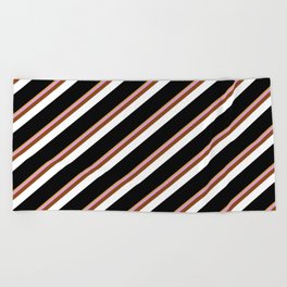 [ Thumbnail: Eye-catching Goldenrod, Plum, Brown, White & Black Colored Stripes Pattern Beach Towel ]