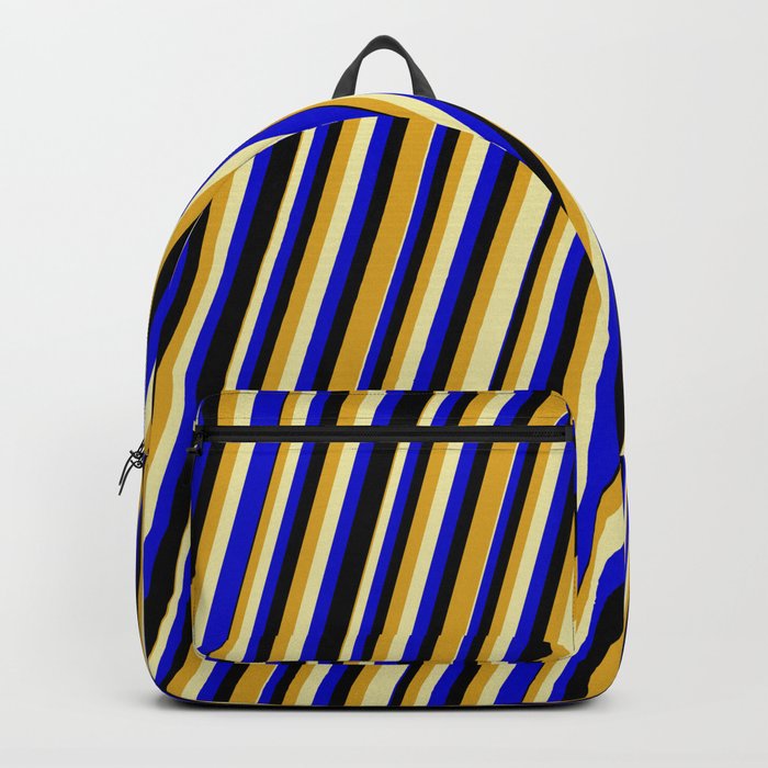 Goldenrod, Pale Goldenrod, Blue & Black Colored Striped Pattern Backpack