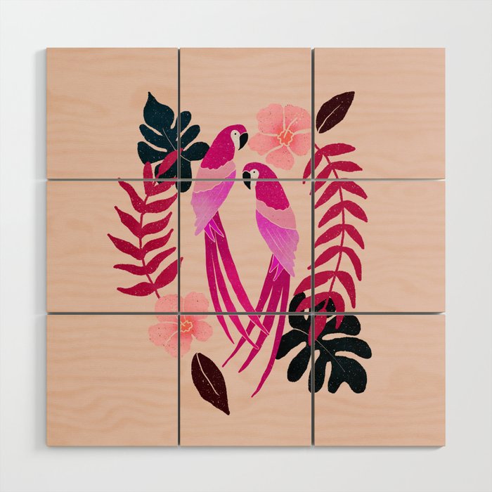 Tropical parrots - magenta  Wood Wall Art