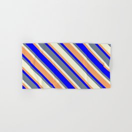 [ Thumbnail: Beige, Brown, Blue & Slate Gray Colored Pattern of Stripes Hand & Bath Towel ]