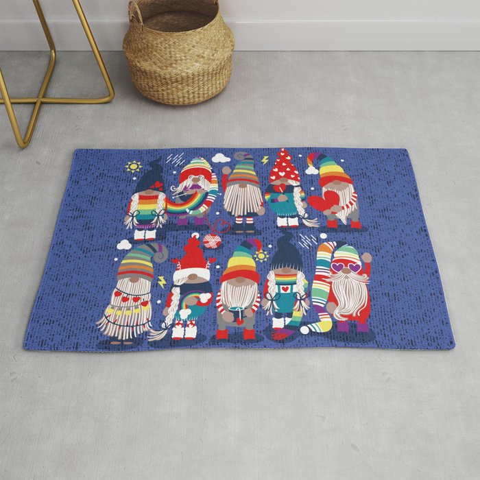 I gnome you // electric blue background little happy and lovely gnomes with rainbows vivid red hearts Rug