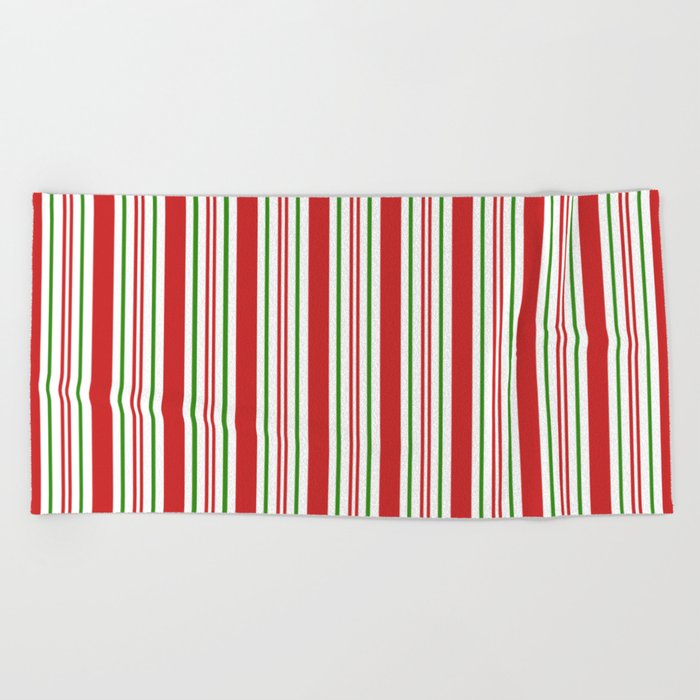 Red Green and White Candy Cane Stripes Thick and Thin Vertical Lines, Festive Christmas Beach Towel