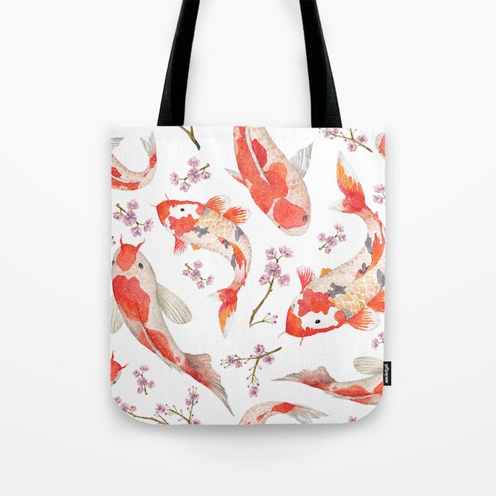 Watercolor oriental pattern with rainbow carps. Seamless oriental texture with isolated hand drawn fishes and blossom cherry. Asian natural background in Tote Bag