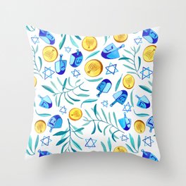 Hanukkah Dreidels Jewish Holiday Watercolor Pattern  Throw Pillow