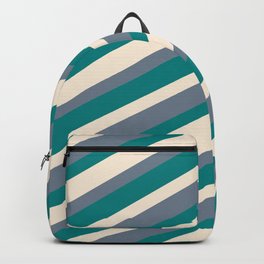 [ Thumbnail: Beige, Slate Gray, and Teal Colored Lined/Striped Pattern Backpack ]