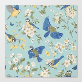 Seamless vintage pattern with tits and blooming trees. Birds and flowers. Chinoiserie Canvas Print