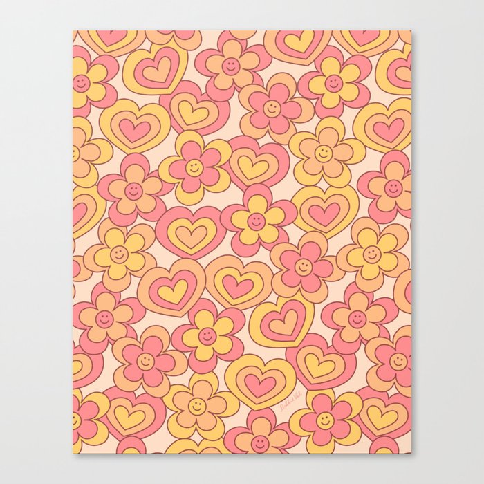 Happy Daisy and Heart Pattern, Cute, Fun, Peachy Blush Tones Canvas Print