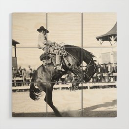 Cowboy On Bucking Bronco At Rodeo - Circa 1910 Wood Wall Art