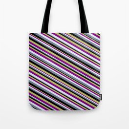 [ Thumbnail: Eye-catching Dark Khaki, Purple, Lavender, Slate Gray, and Black Colored Lined/Striped Pattern Tote Bag ]