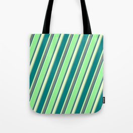 [ Thumbnail: Green, Grey, Teal & Light Yellow Colored Striped Pattern Tote Bag ]