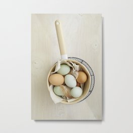 Organic eggs from Easter egger chicken Metal Print | Photo, Easteregger, Digital, Color, Eggs, Chicken, Green, Blue, Pot, Casserole 