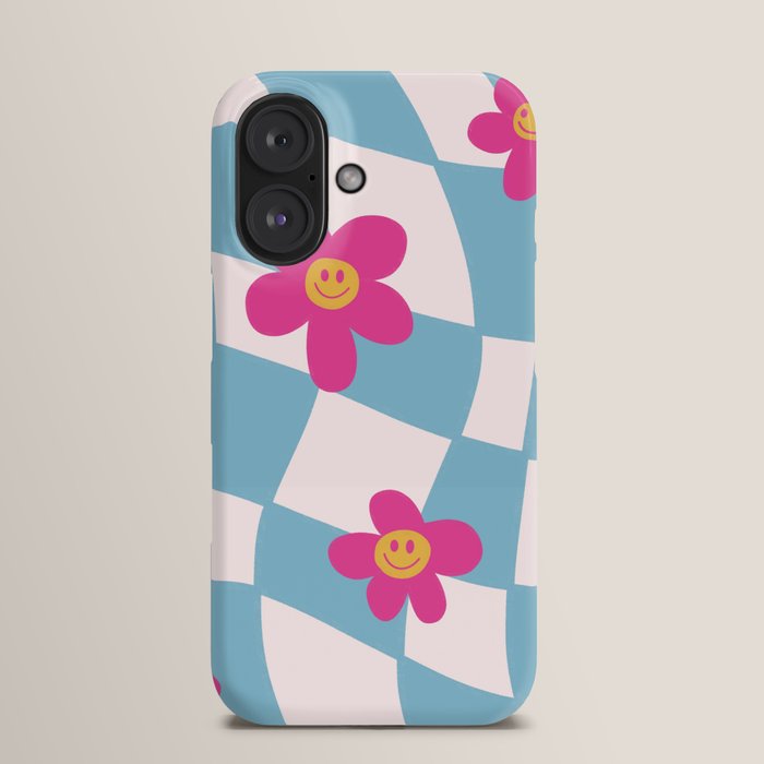 Retro Smiley Face 60s Flower with Blue Checkered Pattern