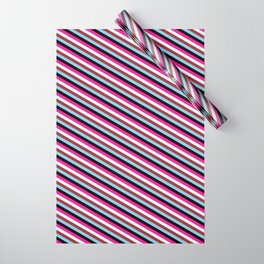 [ Thumbnail: Vibrant Deep Pink, Light Cyan, Brown, Sky Blue, and Black Colored Lines Pattern Wrapping Paper ]