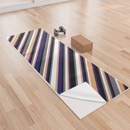 [ Thumbnail: Colorful Brown, White, Dim Gray, Black & Midnight Blue Colored Lines Pattern Yoga Towel ]