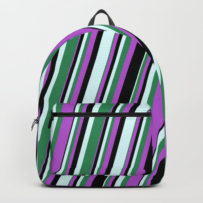 Orchid, Black, Light Cyan, and Sea Green Colored Lined/Striped Pattern Backpack