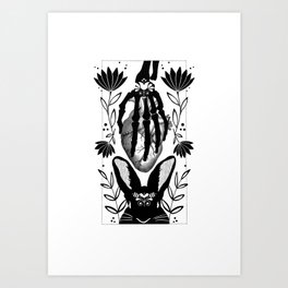 Be Still -white background- Modern Folk Art Rabbit Skeleton Hand & Heart Art Print