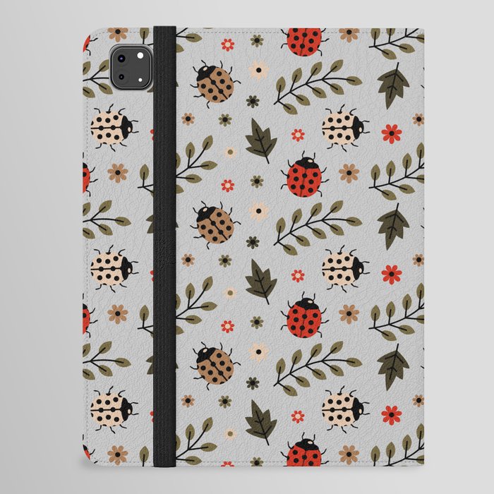 Ladybug and Floral Seamless Pattern on Light Grey Background iPad Folio Case