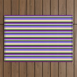 [ Thumbnail: Medium Slate Blue, Tan, Dark Green & Purple Colored Pattern of Stripes Outdoor Rug ]