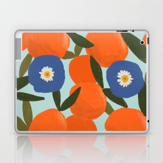 Clementine Orange Blue Flowers Pattern Leaves Laptop & iPad Skin