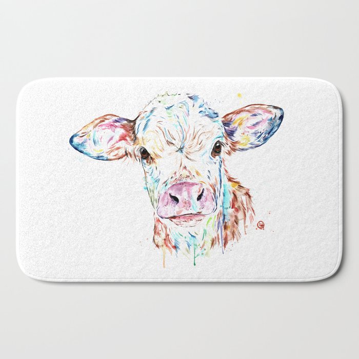 Manitoba Cow Colorful Watercolor Painting Bath Mat By