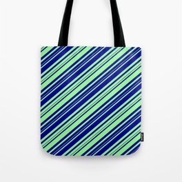 [ Thumbnail: Dark Blue and Green Colored Lines/Stripes Pattern Tote Bag ]
