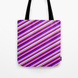 [ Thumbnail: Dark Violet, Turquoise, Salmon, and Indigo Colored Lined Pattern Tote Bag ]
