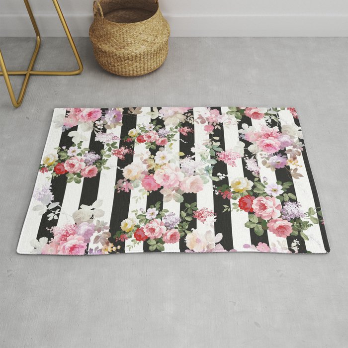 Bold pink watercolor roses floral black white stripes Rug