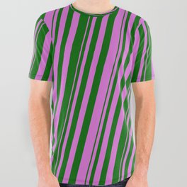[ Thumbnail: Orchid & Dark Green Colored Lined/Striped Pattern All Over Graphic Tee ]
