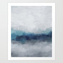 Rainy Morning - Indigo Navy Ocean Horizon, Sky Gray Blue Abstract Nature Ocean Cloudy Sunrise Water Art Print