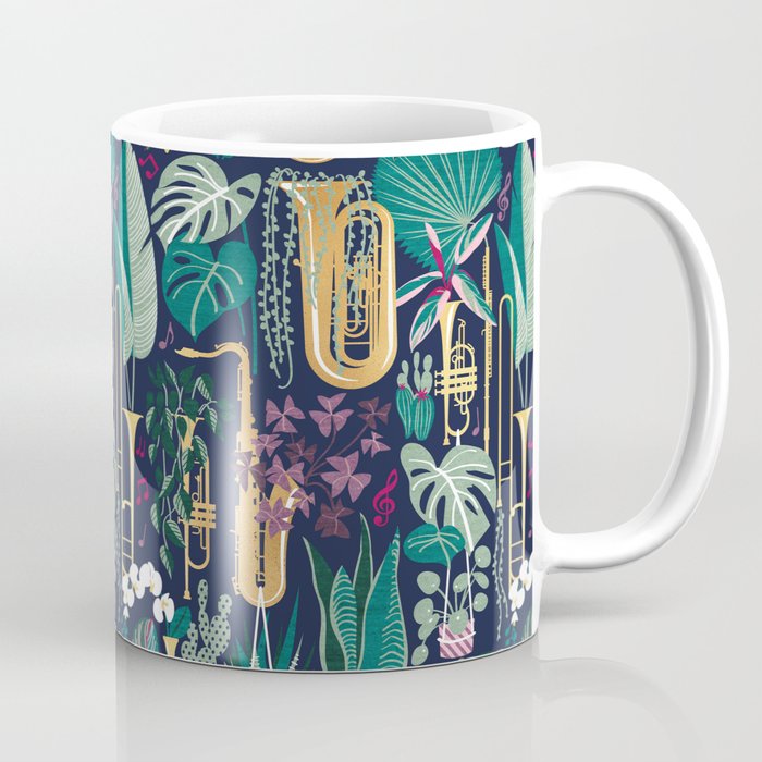 Music to my eyes // oxford navy blue background gold textured musical instruments green indoor plants pink music notes Coffee Mug