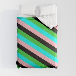 [ Thumbnail: Lime Green, Cyan, Light Pink & Black Colored Striped Pattern Comforter ]