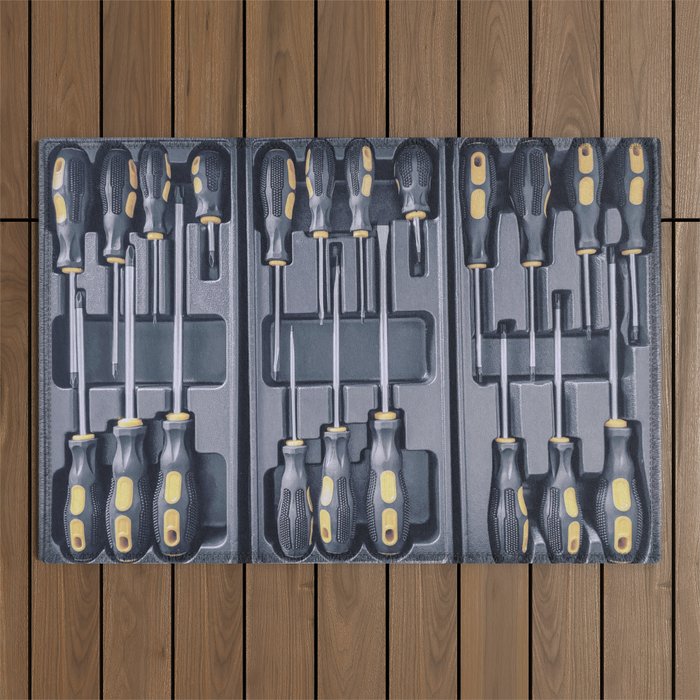 Set of Screwdrivers inside Toolbox, Screwdrivers Set, Box with Set of Tools, Set Mechanical Tools. Outdoor Rug