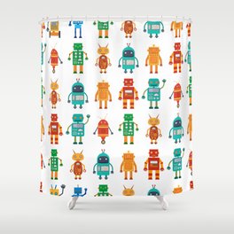 Seamless pattern from colorful retro robots in a flat style on a white background. Vintage illustration.  Shower Curtain