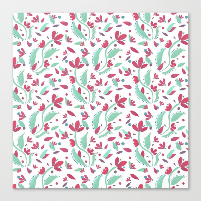 Gouache floral pattern - pink and green palette  Canvas Print