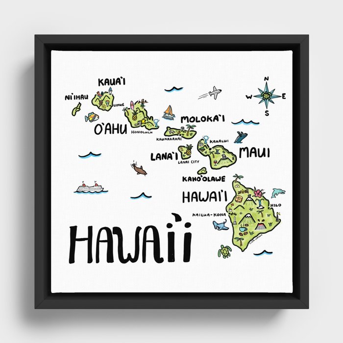 Hawaii Illustrated Map Color Framed Canvas
