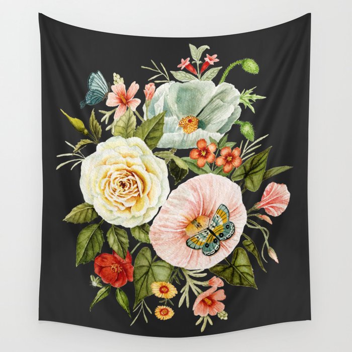 Wildflower and Butterflies Bouquet on Charcoal Black Wall Tapestry