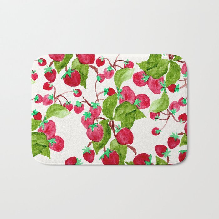 Watercolor hand painted red green strawberries Bath Mat