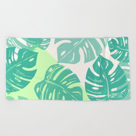 Linocut Monstera Green Beach Towel