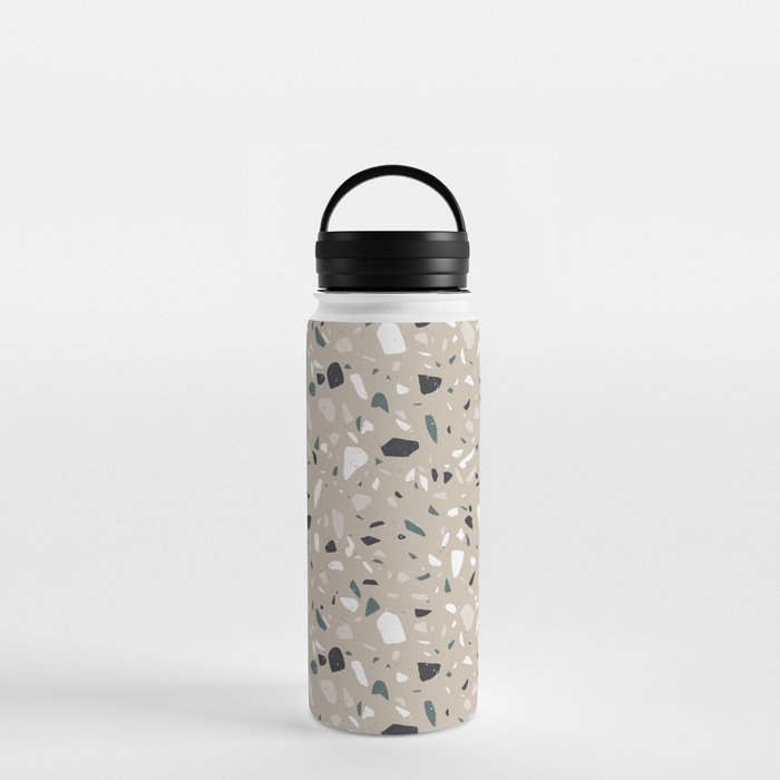 <Birds & Paper> Terrazzo Seamless Patterns 11 - Modern, Beige Gray, Black, Stone, Marble, Texture Water Bottle