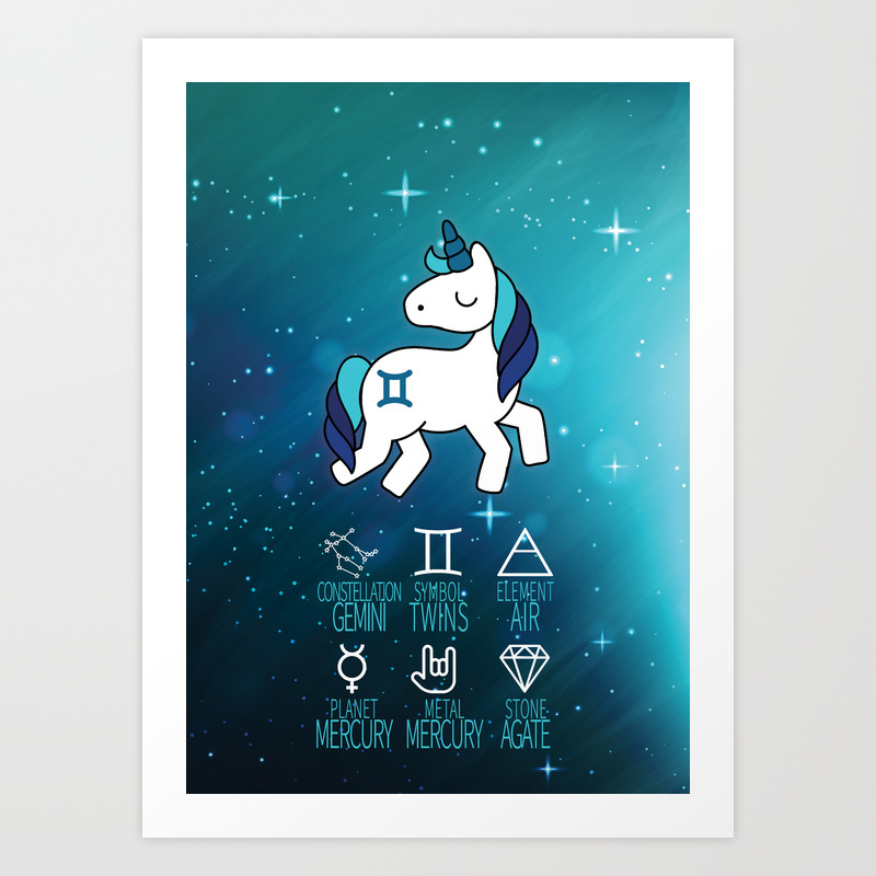Gemini Unicorn Zodiac Art Print By Dollmadeinjapan Society6