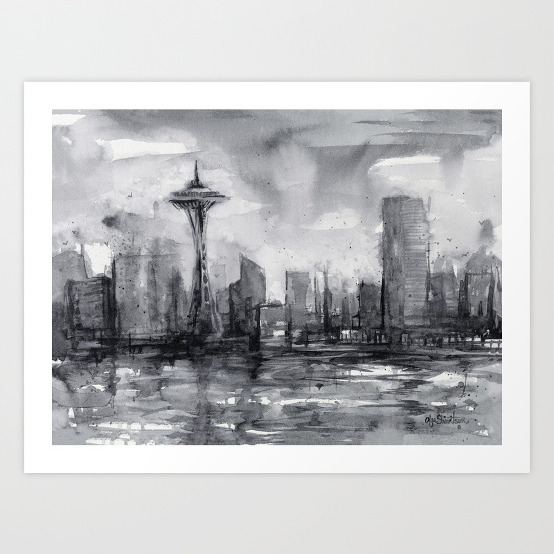 Seattle Skyline Painting Watercolor Black And White Space Needle